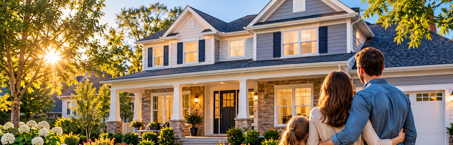 AI-generated illustration of a family looking toward a residential home; not actual customers or property