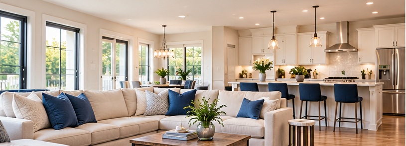 AI-generated illustration of a bright living room and kitchen; not an actual property